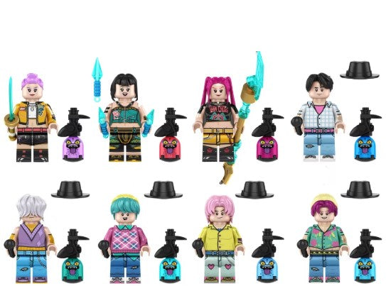 K-Pop Demon Hunters set of 8 custom LEGO-compatible minifigures with accessories and display bases