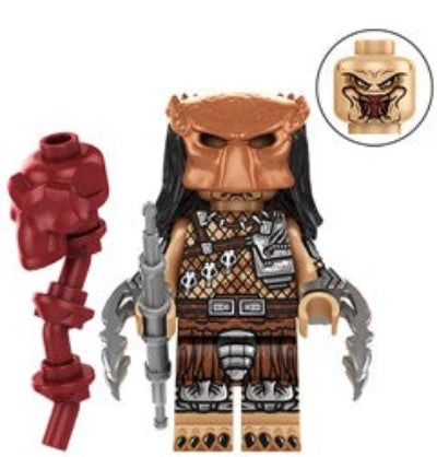 Predator custom minifigure alien hunter with detailed armor dreadlock-style hair and weapon accessories