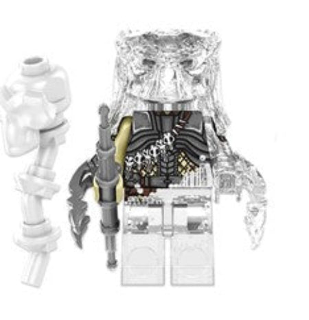 Transparent Predator custom minifigure with translucent armor and alien hunter weapon accessories