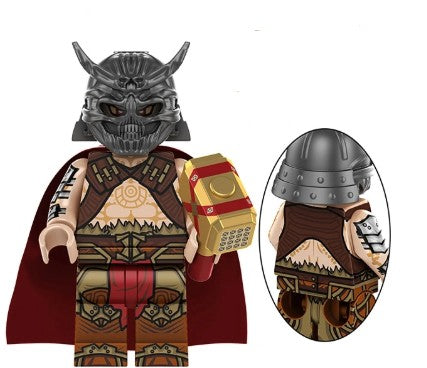 Mortal Kombat Shao Kahn LEGO-compatible custom minifigure with horned helmet armor and red cape