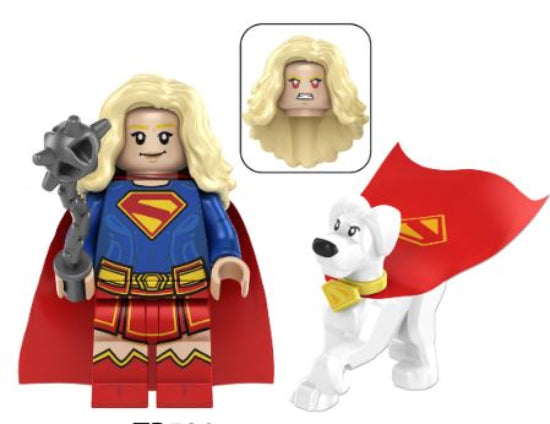 Supergirl with Krypto custom brick-style minifigure with red capes and superhero costumes