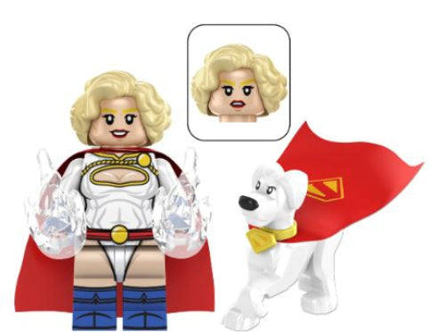 Supergirl custom minifigure with Krypto the Superdog wearing matching red superhero capes