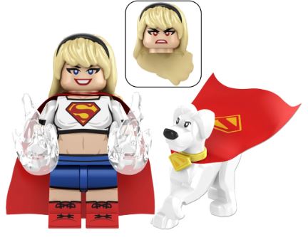Supergirl with dog LEGO-compatible custom minifigure set with red capes and accessories