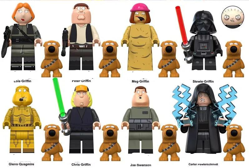 8-piece Star Wars Family Guy custom minifigure set featuring crossover characters and accessories