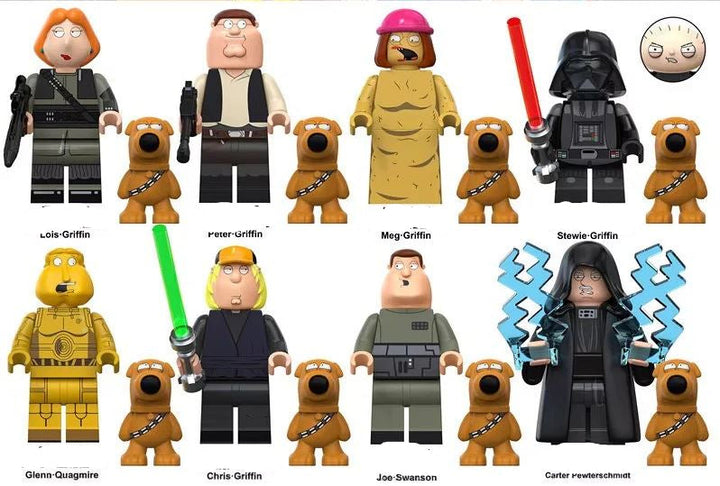 8-piece Star Wars Family Guy custom minifigure set featuring crossover characters and accessories