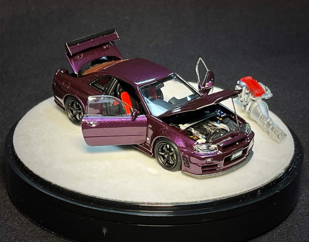 Nissan Skyline R34 Z-TUNE Midnight Purple Fully Openable With Engine Included Luxury Base 1:64 by PGM X ONE MODEL PGM-641003 Open Hood