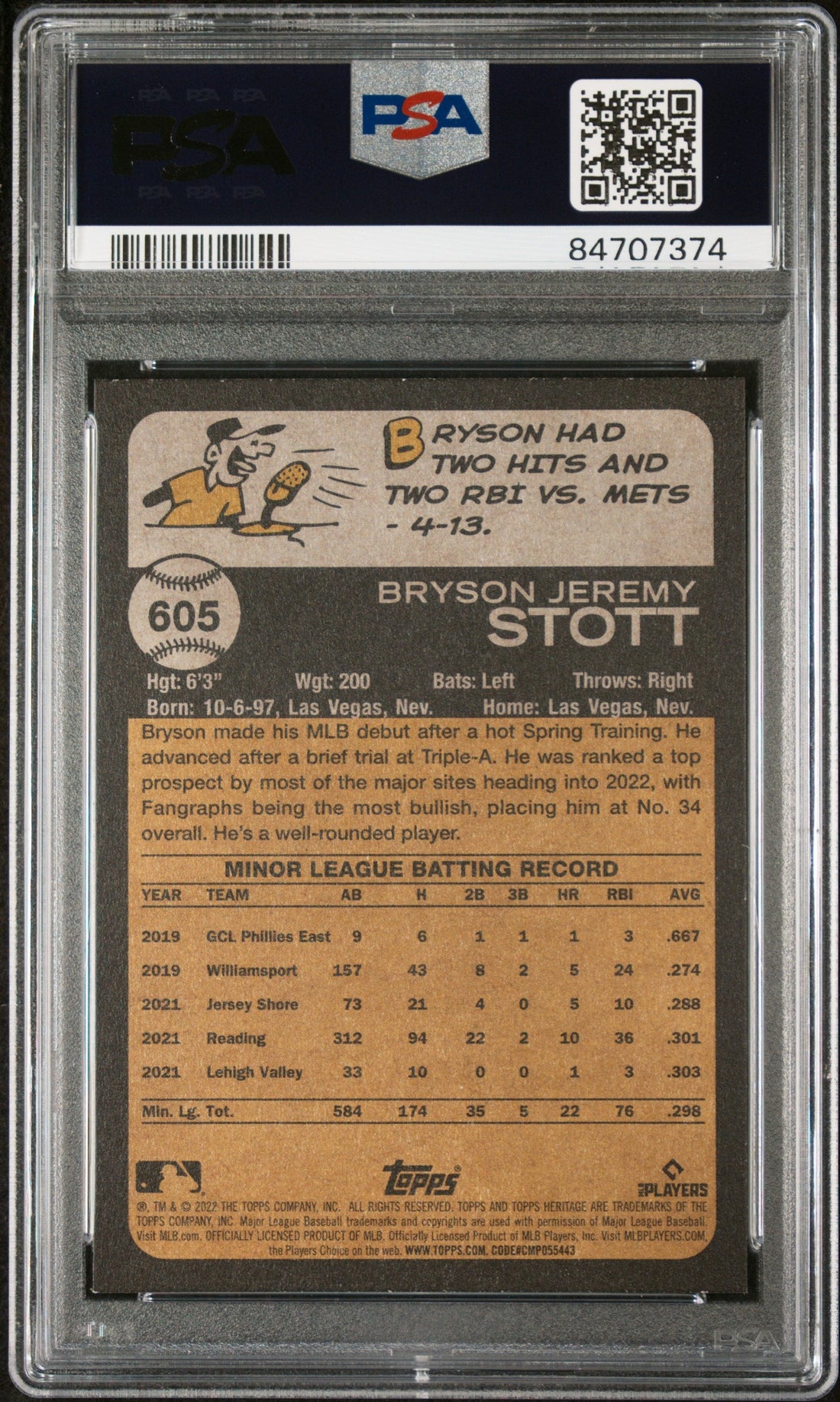 2022 TOPPS HERITAGE BRYSON STOTT  #605 - PSA 10 ROOKIE CARD 2