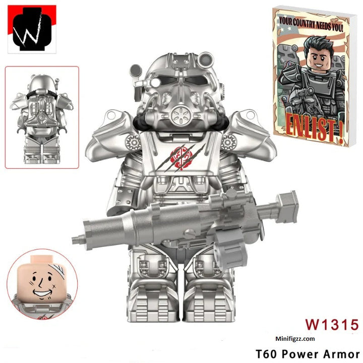 T60 Damaged Power Armor Silver for Lego