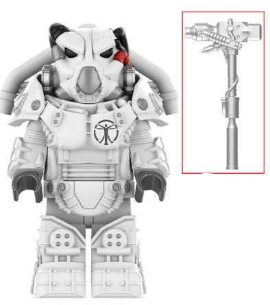 White Fallout X-01 Power Armor LEGO-compatible custom minifigure with weapon accessory