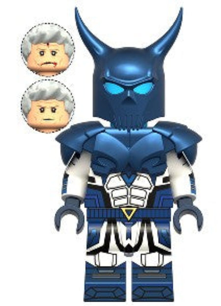 Blue Dragon armored warrior LEGO-compatible custom minifigure with horned helmet