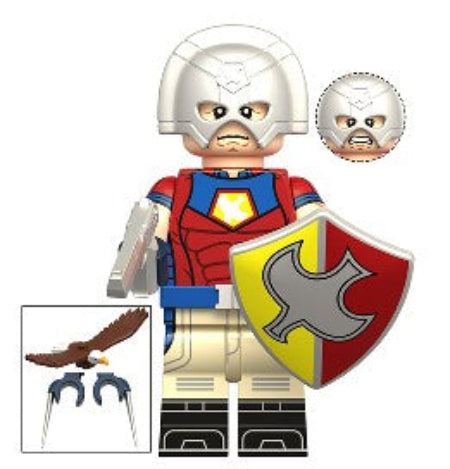 Peacemaker custom minifigure with silver helmet shield accessories and base plate