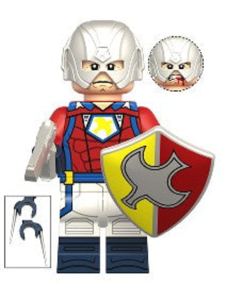 Peacemaker Alt Universe LEGO-compatible custom minifigure with silver helmet and red gold shield